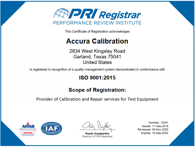 ISO 9001:2015 Certificate Accura Calibration